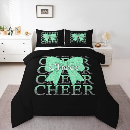 Image of Feelyou Cheer Bow Kids Comforter Set Queen Size Cheerleading Bedding Set Funny Sport Duvet Quilt for Kids Boys Girls Bedroom Green Decor Microfiber Ultra Soft Breathable
