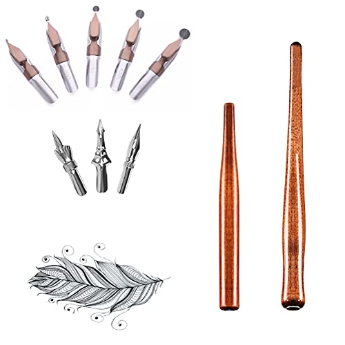 MiaLover 10 Stück Schreibfeder set,Federhalter mit Zeichenfeder für Comics, Federhalter mit Feder mit 2 Red Holz Stifthaltern 8 Federn für Karikaturisten und Künstler Cover