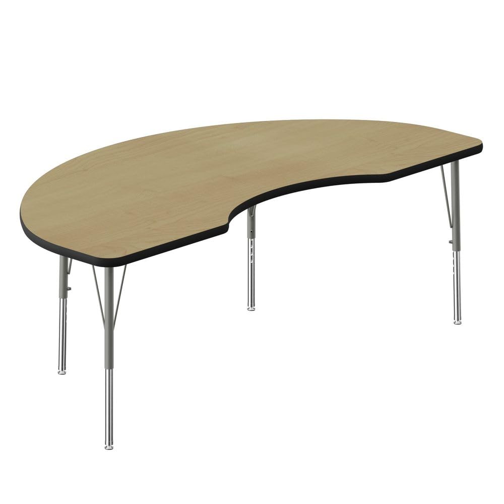 Correll 36"x72" Kidney Shaped Classroom Activity Table, Height Adjustable (19"-29") Durable Fusion Maple HP Laminate Top, Black Edge, Silver Mist Base, School Furniture, Made in The USA