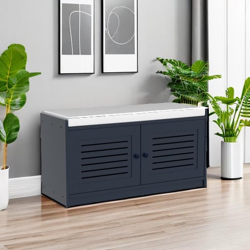 Image of Wooden Shoe Storage Bench Organizer Cushioned Seat with Adjustable Shelves for Entryways, Living Rooms, or Bedrooms, Antique Blue