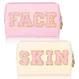 Sotiff 2 Pcs Preppy Patch Makeup Bag Waterproof Chenille Letter Cosmetic Bag Portable Toiletry Bag Zipper Pouch Travel Organizer for Women(White, Pink,Fresh Style)