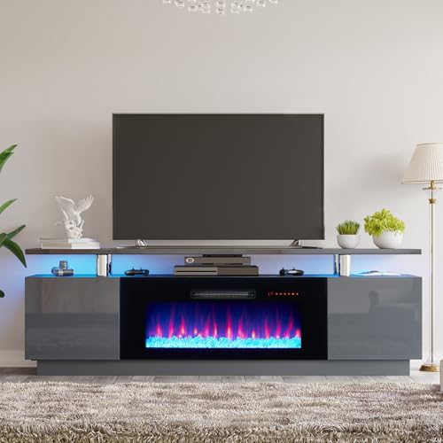 Image of AMERLIFE Fireplace TV Stand with 36 inch Fireplace, 70 inch Modern Fireplace Entertainment Center LED Lights, 2 Tier TV Console Cabinet for TVs Up to 80 inch, Grey