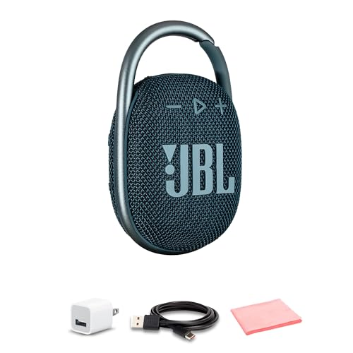 JBL Clip 4 Portable Bluetooth Speaker with Built-in Carabiner | Compact Wireless Waterproof IP67 Speaker for Travel and Outdoors| Bold Sound, Long Battery Life (Blue) + USB Adapter + Microfiber Cloth