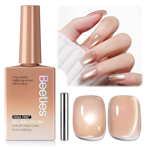 Image of Beetles Buttercream Dream Nude Cat Eye Gel Nail Polish - 15ML Full Size Nude Gel Polish Cat Eye Base Color Glitter Magnetic Translucent Glassy Effect Soak Off UV French Nail Art DIY Manicure Gifts
