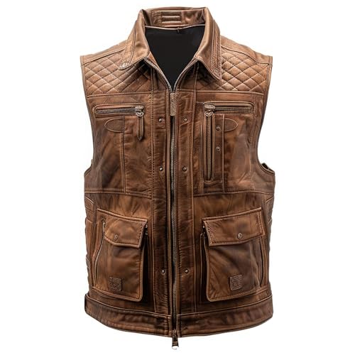Salaar & Co Men’s Distressed Brown Genuine Sheepskin Diamond Stitched Biker Racer Leather Vest – Slim fit (US, Alpha, Large, Regular, Regular, Distressed-Brown)