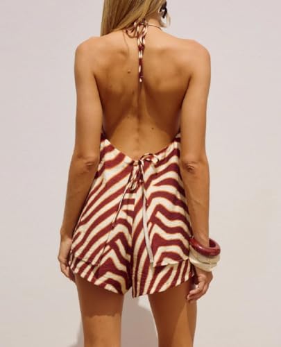 Image of ROAONOCOMO Women Tie Front Shorts Set V Neck Halter Cami Top Y2K 2 Piece Pj Set Graphic Summer Beach Lounge Outfit