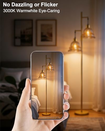 Image of 2-Light Modern Glass Floor Lamp, Gold Tall Standing Lamp with Amber Tulip Glass Shade for Reading, Dimmable LED Floor Lamp with Rotary Switch for Living Room Bedroom Home Decor, Bulb Included