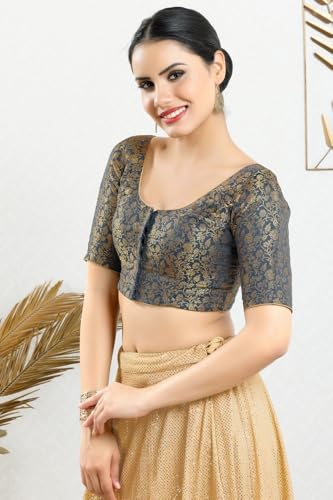 Image of Vamas Women's Brocade & Georgette Padded Self Design Half Sleeve Readymade Saree Blouse (X-1126.ELB)