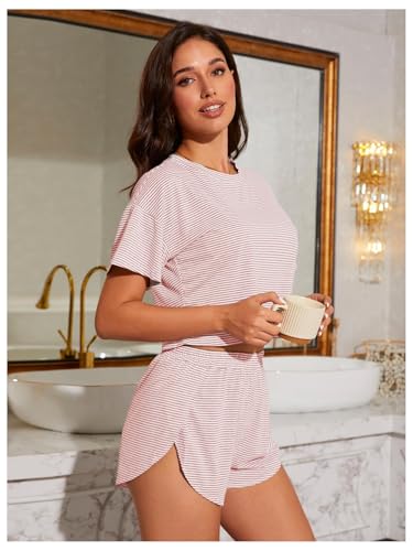 Image of OYOANGLE Womens Pajama Sets 2 Piece Sexy Lounge Sets Summer Cute Pjs Striped Print Tee and Side Split Shorts Set