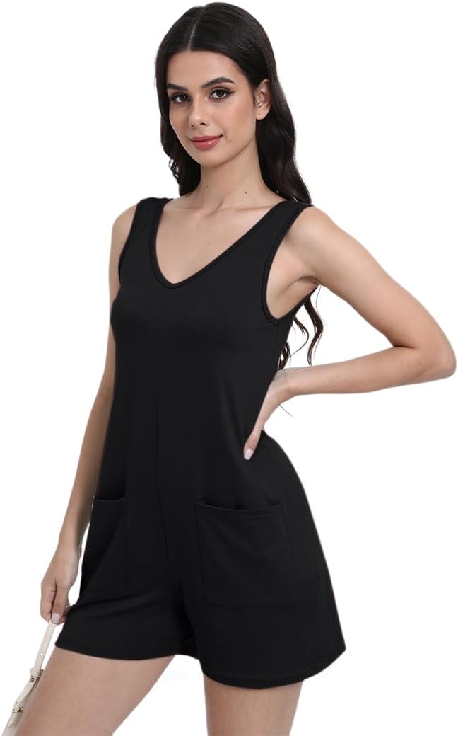 Womens Summer V Neck Sleeveless Tank Top Romper Loose Fit Jumpsuit Trendy One Piece Jumps with Pockets - Image 5