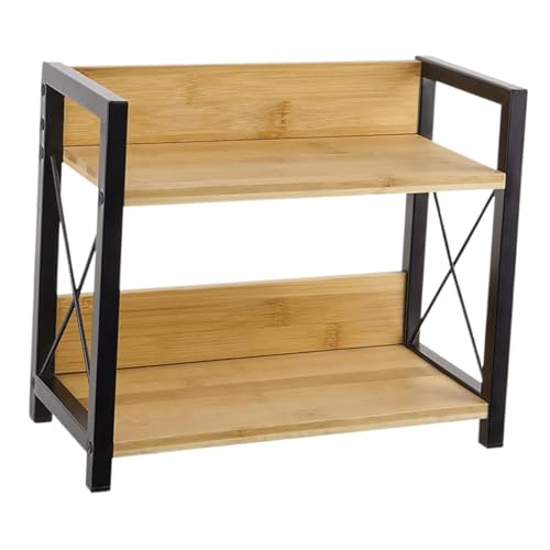 MUCKLILY Estante Organizador de Encimera de Cocina y Baño Multifuncional de Hierro y Madera 2 Niveles Color Bambú Soporte para Especias Estación de Café y Almacenamiento Compacto para