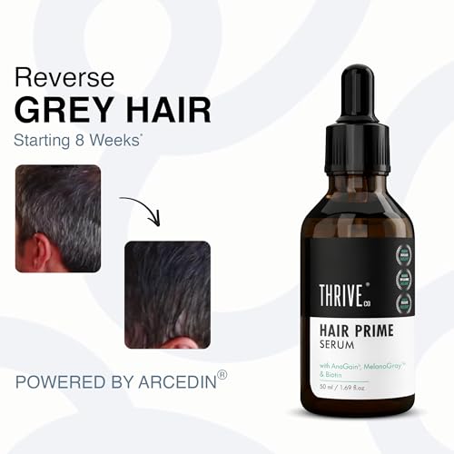 Image of ThriveCo Anti-Grey Hair Prime Serum | Reverses & Limits Hair Greying | Arcolys + Biotin + Black Tea Extract | Light-Weight, Non-Sticky & Odourless | For Both Men and Women | 50 Ml | Pack of 2