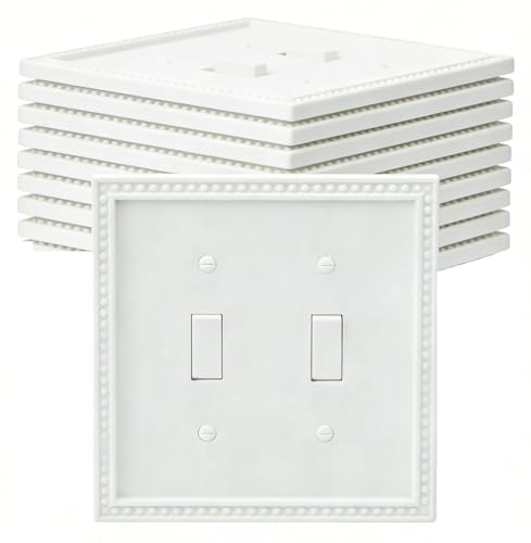 Image of EFTV 10 Pack Mid-Size Toggle Light Switch Wall Plates 2-Gang Switch Electrical Cover Plate Unbreakable Thermoplastic Faceplate, Classic Beaded Relief Design, White