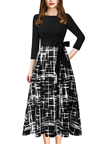 Vfshow E1283L Womens Black And White Geometric Print Patchwork Pockets Belted Pleated Work Business Office A-Line Midi Dress 8315 Stp Xl cover