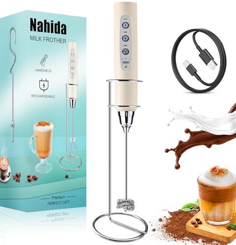 Image of Nahida Beige Milk Frother Wand for Coffee,Handheld Rechargeable Electric Whisk with Stand