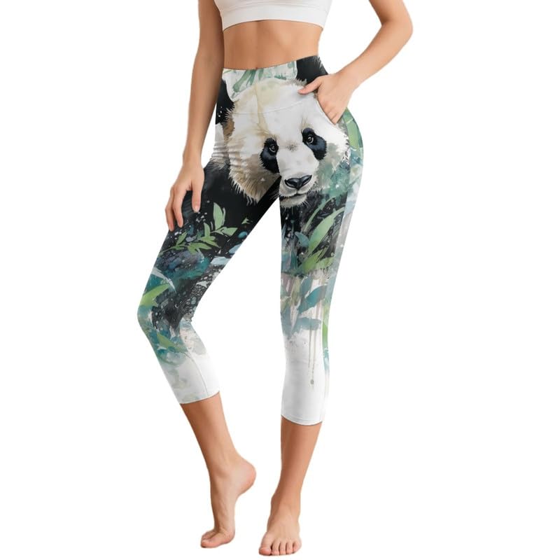 Irisjudy Watercolor Panda Women's Plus Size Capri Leggings Chinese Panda Tummy Control High Waisted Workout Yoga Pants Cute Animal Compression Athletic Capris