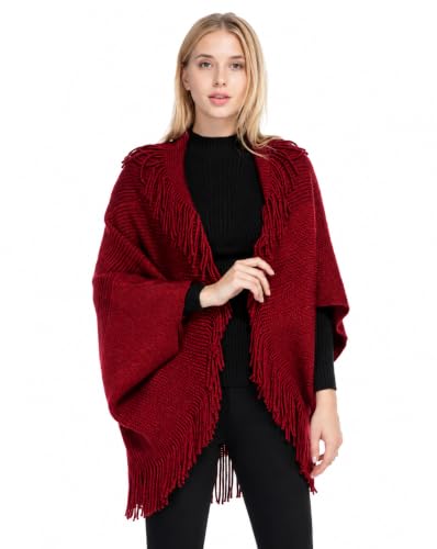 Image of Bold N Elegant Winter Woolen Shawl Collar Warm Open Front Poncho Cardigan Standard Length Shrug Style Wrap with Tassel Fringe Hem and Sleeves for Women