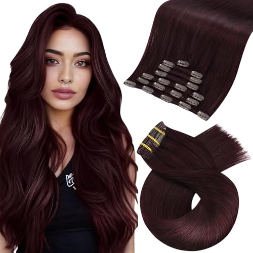 Image of Moresoo Burgundy Human Hair Clip in Extensions Long Wine Red 24 inch | Red hair extensions clip ins, wine red burgundy, 120g 7pcs full head set for party looks and long straight styles