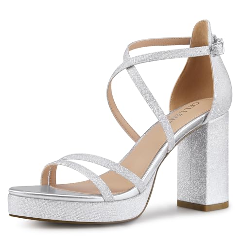 Image of CELLENZ Women Strappy Platform Heels: 3.4 Inch Chunky Heeled Sandals, Comfortable Sexy Block High Heels, for Prom Party Bridal Wedding Black White Silver Nude Dressy Shoes