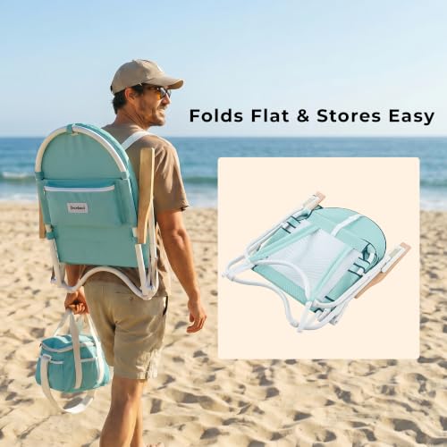 Image of 4-Position Padded Beach Chair Set of 2, Low Backpack Beach Chair | Wooden Armrests & Foldable Design, Side Pocket & Zippered Rear Pouch, Harbour Cypress Green