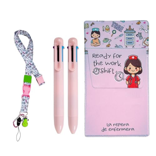 La Repera de Enfermera® Salvabolsillos Enfermeria + 2 Boligrafos Multicolor + Lanyard enfermeria | Conjunto Set Organizador Bolsillo + Pack de Bolis + Lanyard | Enfermera TCAE Accesorios (SET PINK)