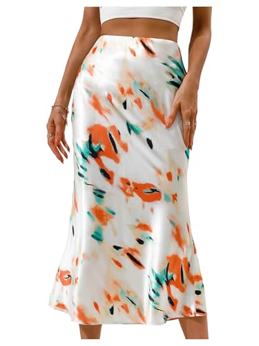 WDIRARA Women's Satin Fishtail Midi Skirt Tie Dye High Waisted Casual Dressy Long Skirts