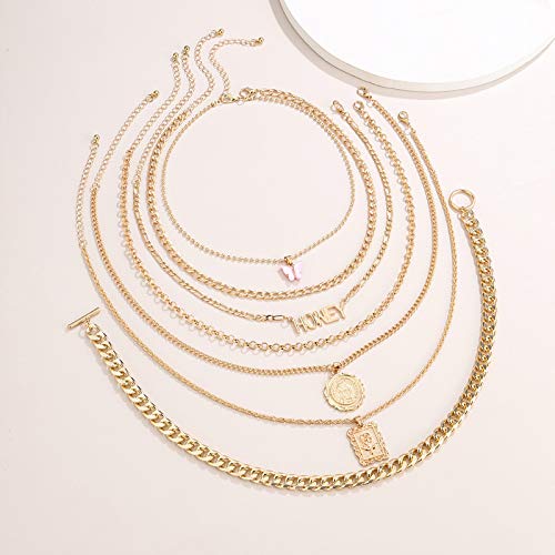 JENPECH Colar com Pingente de Strass, Corrente de Clavícula, 7 Peças Simples Personalidade OT Fivela