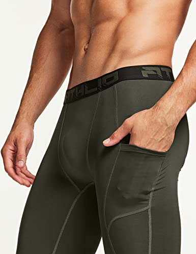 Athlio Men's Compression Pants Running Tights Workout Leggings, Cool Dry Technical Sports Baselayer, Pocket 2Pack Leggings Black/Hunter Green, X-Large #TOP4
