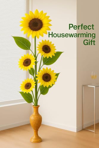 Image of Large Artificial Big Size Yellow Sunflower Single Stick 117cm Tall,25 cm Wide Real Look Full Bloom with Long Stem 5 Giant Fake Silk Sunflowers Floral for Vase,Home,Office & Party Decoration(Pack of1)