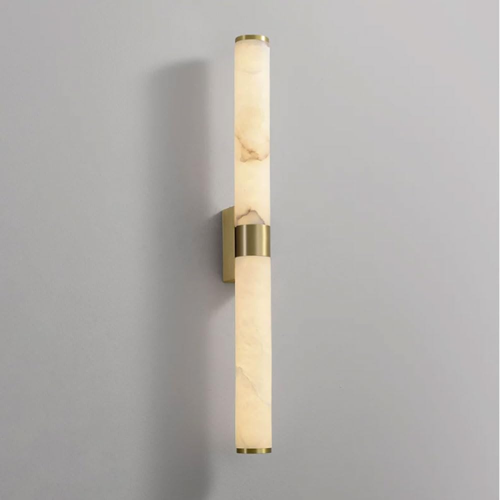 GUOGUOSM Medieval Minimalist Style Brass Indoor Wall Sconce, Natural Marble Wall Lamp, 19.7in Cylindrical Alabaster Wall Light, Bedroom Living Room Corridor Wall-mounted Decorative Lighting Fixtures