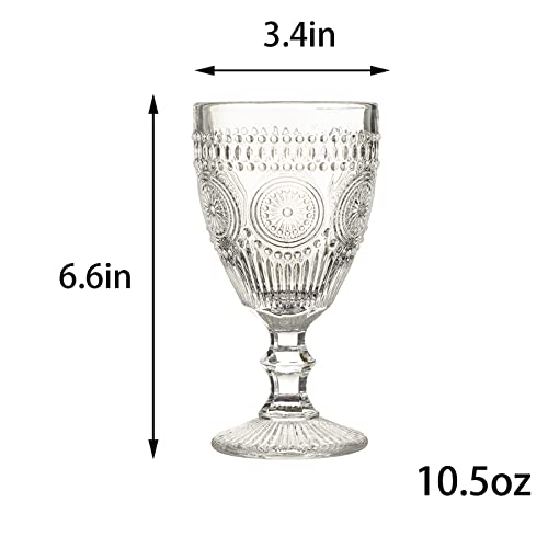 Vintage Wine Glasses Set Of 6, 10 Ounces Colored Glass Water Goblets, Unique Embossed Pattern High Clear Stemmed Glassware Wedding Party Bar Drinking Cups Floral Clear 6 Pack #TOP6