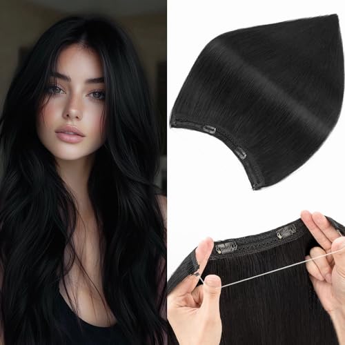 Prokyvity Halo Hair Extensions Real Human Hair,Halo Hair Extension 100% Human Hair, Wire Hair Extensions,Straight 01 Jet Black 16inch/65g