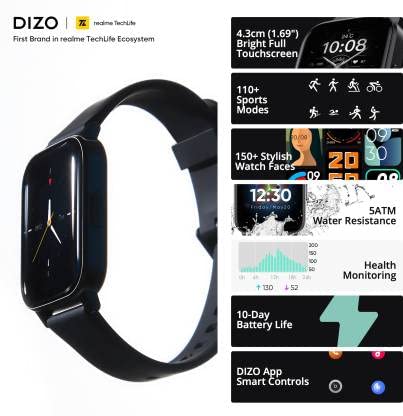Image of (Refurbished) DIZO Watch 2 sports (by realme TechLife) (Black Strap, Free Size)