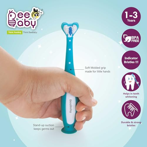 Image of BeeBaby Triple Angle Brush Buddy Toothbrush for Kids 3-6 Years. Suction Cup, 3 Side Super Soft Time to Change Indicator Bristles Ideal for Milk & Permanent Teeth. 100% BPA Free. Blue