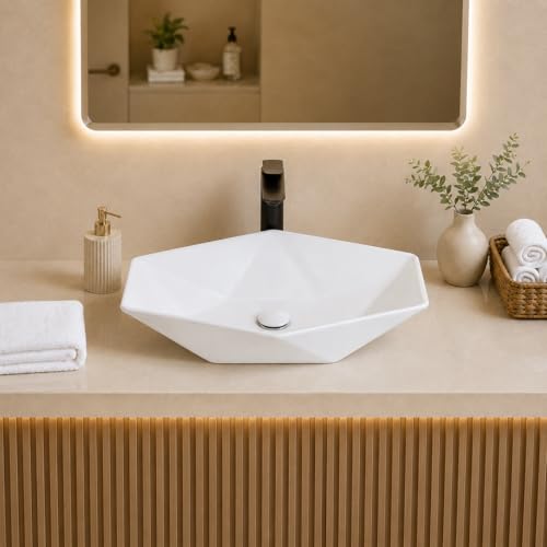 Image of QUALITO White Table Top Wash Basin for Bathroom, Living Room, Hall, Dinning Room | Countertop /Over Counter Ceramic Vessel Sink /Basin | Glossy Finish Table Top Wash Basin (Diamond)