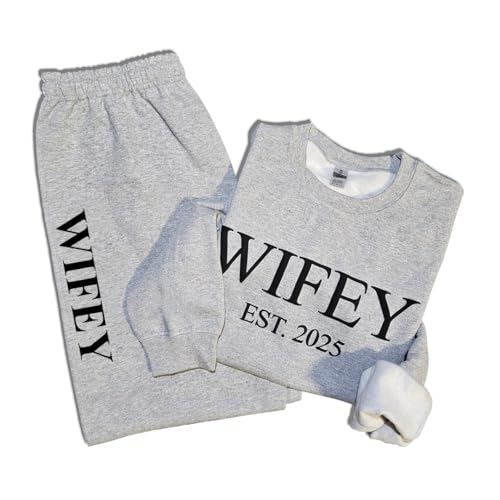 Havenoro WIFEY HUBBY Matching Set - Cozy Couples Loungewear, Embossed Sweatshirt & Joggers - Perfect for Honeymoon