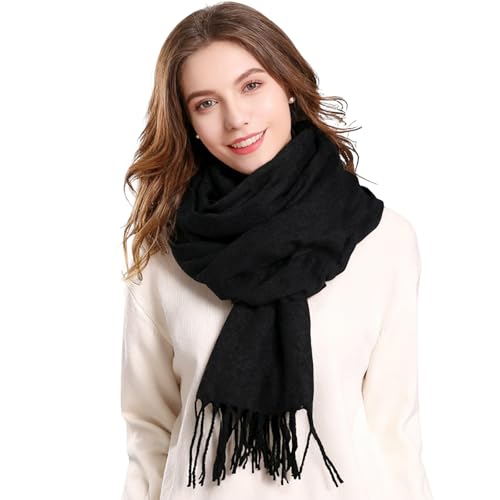 Black Scarf for Women,Unisex Winter Warm Scarf Soft Pashmina Shawls And Wraps Reversible Long Thick Tassel Ladies Scarves for Everyday Fashion Accessory Christmas Gifts for Her Valentine Gifts