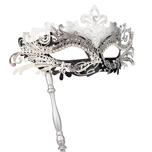 Hoshin Masquerade Mask with Stick Mardi Gras Deecorations Venetian Masks for Womens (Silver & Black)