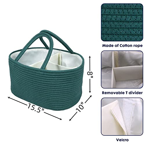 Image of XUANGUO Large Cotton Rope Baby Diaper Caddy Organizer Basket Dark Green | Nursery Storage Bin, Portable Baby Tote Bag for Changing Table or Car, Baby Shower Gifts Bag, Newborn Essentials, Registry