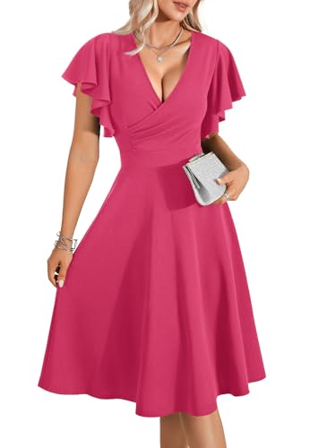 Image of LYANER Women's Warp V Neck Ruffle Short Sleeve A Line Swing Flared Cocktail Party Midi Dress