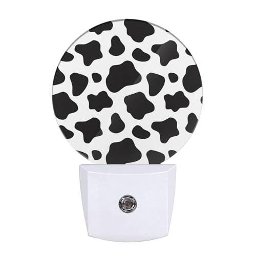 Image of Cow Print Night Lights Plug into Wall Black White Dots Animal Skin Farmhouse Plug-in Nightlight Auto on /Off Dim Light Sleep Friendly for Family Friends Holiday Gifts & Home Decor