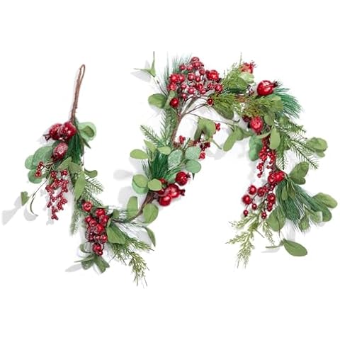LOHASBEE Artificial Christmas Garland, 5 FT Eucalyptus Garland with Red Berries, Hawthorn Glitter for Christmas Indoor Outdoor Garden Gate Front Door Home Wall Window Stair Decor Cover