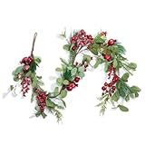 LOHASBEE Künstliche Weihnachtsgirlande, 1,5 m Eukalyptus-Girlande mit roten Beeren, Weißdorn-Glitzer für Weihnachten, Innen- und Außenbereich, Gartentor, Haustür, Zuhause, Wand, Fenster