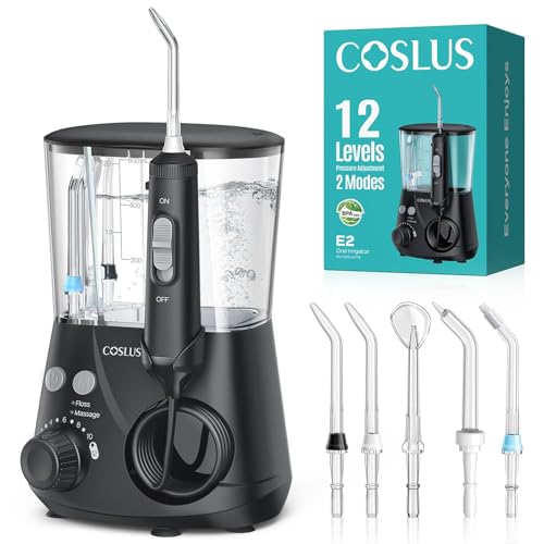 Image of COSLUS E2 Water Dental Flosser for Teeth Cleaning, Multi-User Family Use | 12 Pressure Settings & 2 Modes for Orthodontic, Braces, Sensitive, Patented Storage, 5 Jet Tips and 600ML Tank Home, Black