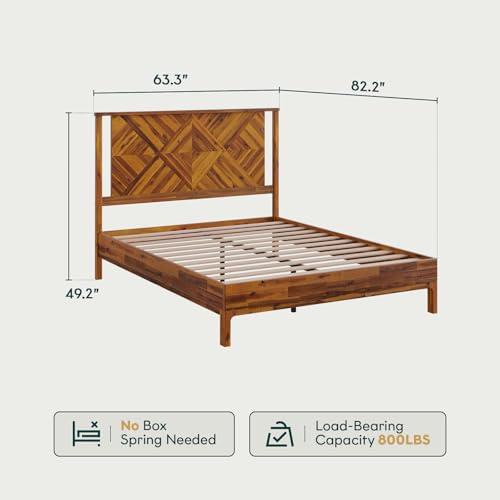 Image of Bme Ethan Queen Bed Frame with Diamond Headboard, Mid Modern, Solid Acacia Wood, No Box Spring Needed, Fits All Mattresses, Rustic Caramel