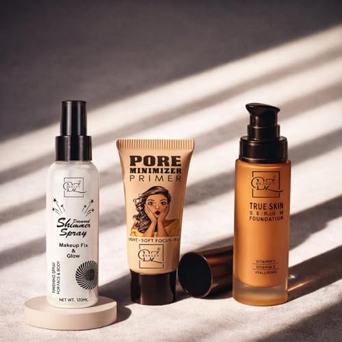 Beauzy 3-Step Face Makeup Combo | Pore Minimiser Primer 30ml + True Skin Serum Foundation 30ml + Diamond Shimmer Spray 120ml | Flawless Base, Dewy Glow & Long-Lasting Finish