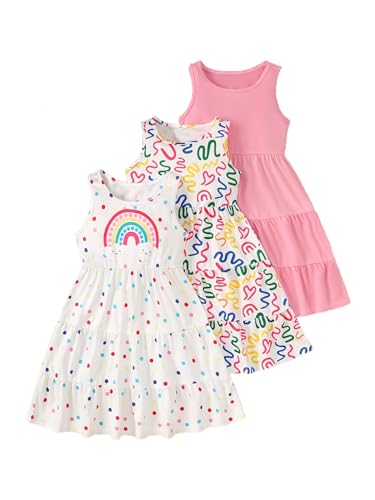 Girl 3 Packs Summer Dress Sleeveless A Line Swing Tiered Dresses Cute Sundress 4-12Y