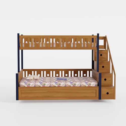 Image of Wudniture Solid Sheesham Wood Bunk Bed for Kids and Adults with Storage (Brown and Blue 02 166)