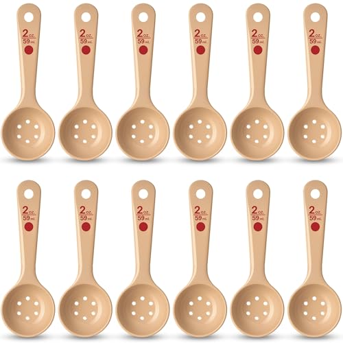 Image of Carlisle FoodService Products 2 Oz Perforated Portion Control Spoon - Short Handle Measuring Spoon - Beige Polymer Foodservice Spoon for Commercial Kitchens, (Pack of 12)