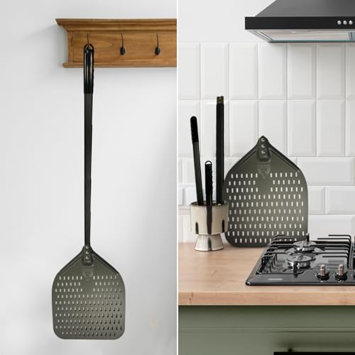 Image of Chicago Brick Oven Perforated Pizza Peel - 12 inchx15 inch Anodized Aluminum Pizza Steel, 32 inch Handle, 47 inch Overall Length - Ideal Pizza Turning Peel for Pizza Oven, Brick Oven, Baking Bread